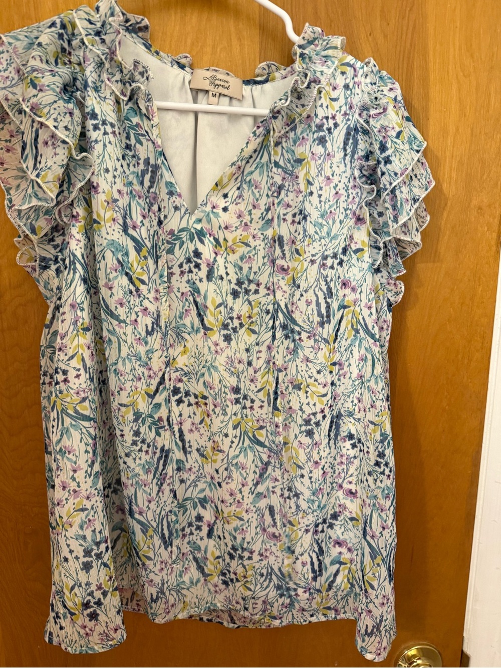 Maeve Floral Ruffle Sleeve V-Neck Top - White Multi Les Serein Stitch Fix blouse
